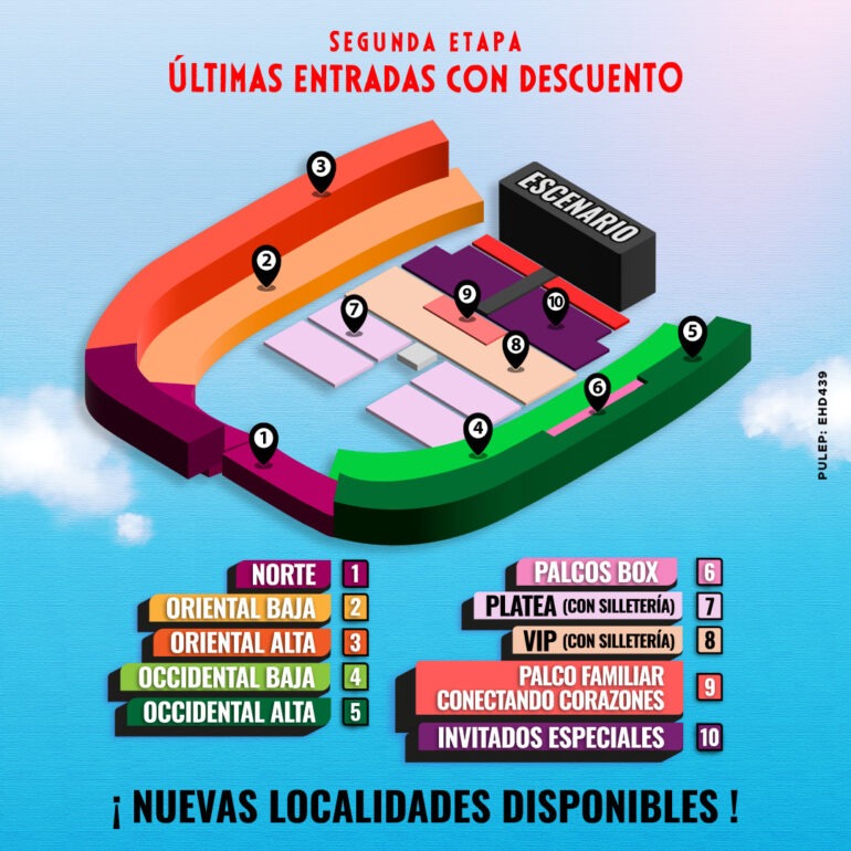 Plano de asientos del evento con secciones codificadas por colores.