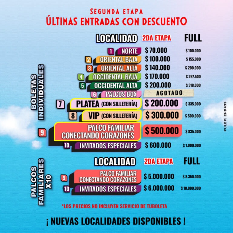 Tabla de precios de entradas con descuento para el evento.